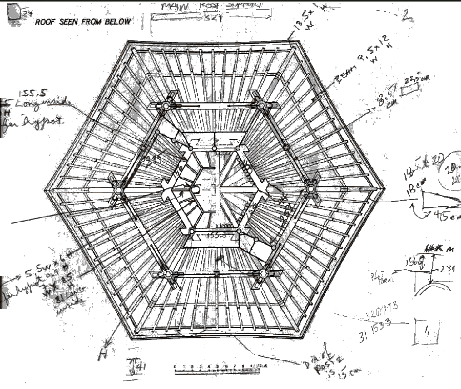Sazaed Pagoda roof (L) engineering diagram with notes on actual sizes